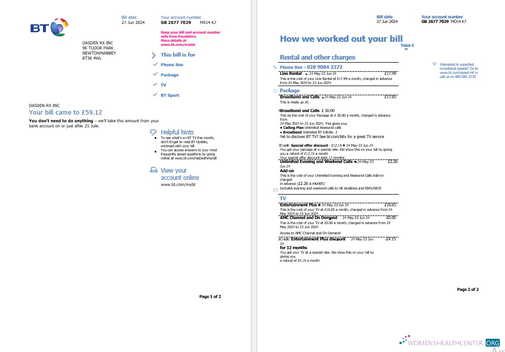 United Kingdom BT business utility bill template in Word and PDF formats, 2 pages
